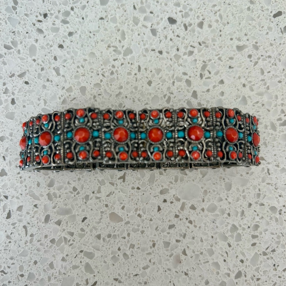 Coral, turquoise and silver bracelet